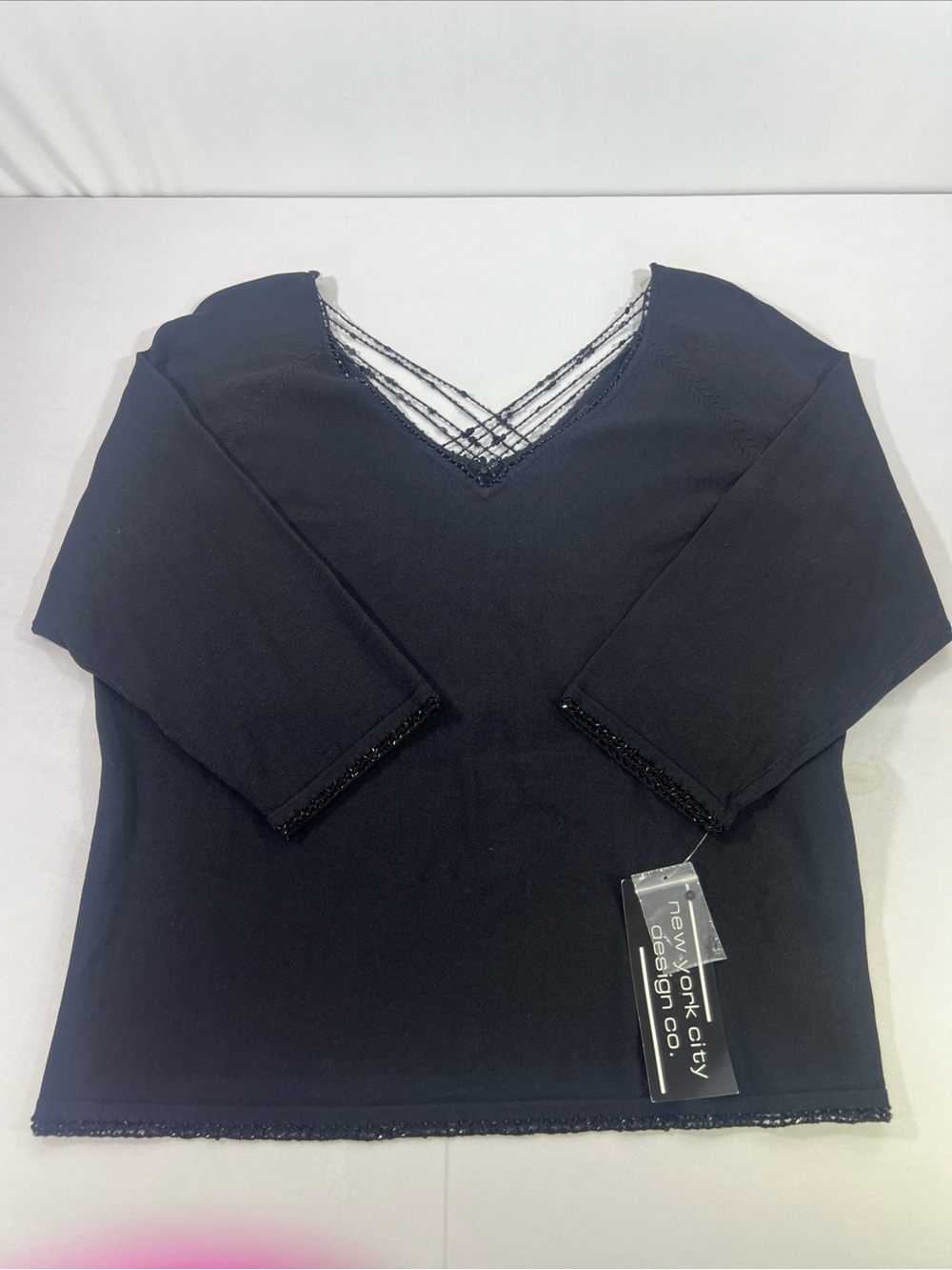 New York And Company Black V-neck 3/4 Sleeve Blouse Womens 3X Collared Top Bead